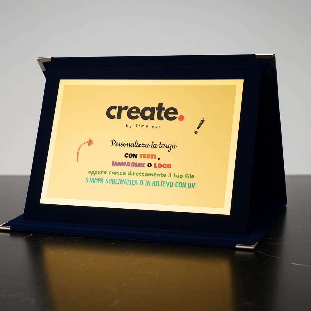 Targa premio personalizzata In alluminio con astuccio in velluto blu – stampa UV in rilievo o sublimatica – color argento o oro – ideale per riconoscimenti, eventi, anniversari e premiazioni