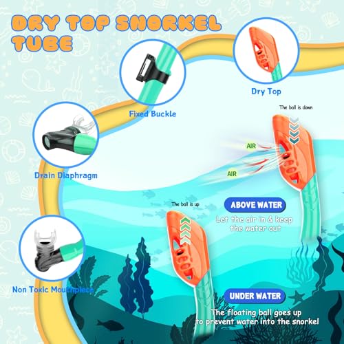 Equipo de snorkel para niños CTSAYTL 4 en 1 con máscara panorámica, snorkel Dry Top, aletas ajustables y bolsa de viaje miniatura 5