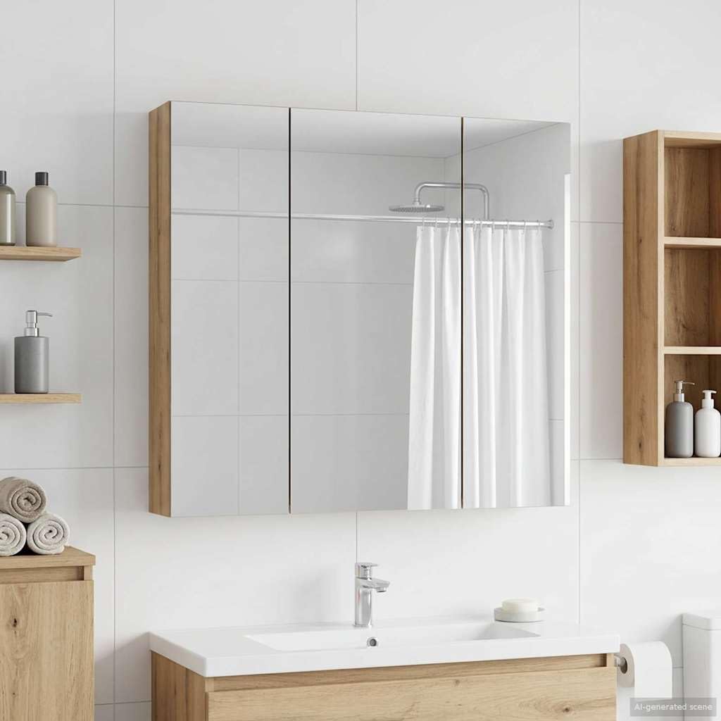 Armadietto da bagno a specchio artigianale in rovere 70 x 14,5 x 70 cm, montaggio a parete con vano portaoggetti, specchio su entrambi i lati, 2 ripiani, organizer per bagno
