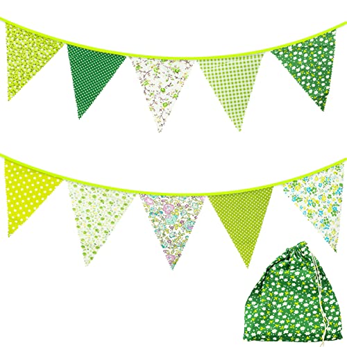 22 Feet Fabric Bunting Banner 24 Pieces Vintage Bunting Pennant Flags Reusable Cotton Triangle Banner Flag Garland for Wedding Birthday Party Baby Shower Home Garden Decoration, Green