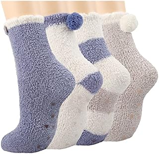 RedMaple 4 Pairs Fluffy Slipper Socks for Women and Girls Fuzzy Soft Warm Cosy Crew Socks with Non Slip Grips for Winter