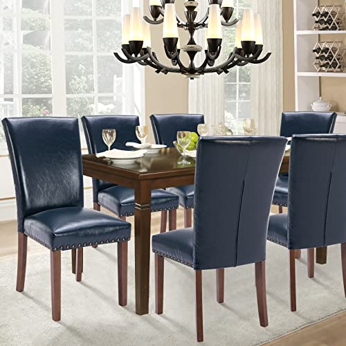 Image of Parsons Dining Chairs Set of 6, Upholstered Nailhead PU Leather Dining Room Kitchen Side Chair with Thick Cushions and Wood Legs, Blue