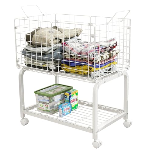 LWTURLOV 2-Tier Rolling Laundry Basket Cart with Wheels,Bathroom Laundry Hamper Cart with Handle and Divider,Multi-Purpose Storage Organizer for Laundry Room, Bathroom, Kitchen, Bedroom