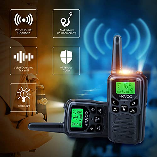 Image of MOICO Long Range Walkie Talkies for Adults with 22 FRS Channels, Family Walkie Talkie with LED Flashlight VOX LCD Display for Hiking Camping Trip (Black 2 Pack)