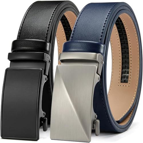 Image of Men's Ratchet Leather Belt Set - 2 Pack Sliding Belt Adjustable For Gift Mens Dress Casual 1 3 /8 inch,Cut for Fit