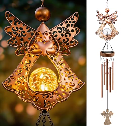 Image of Angel Solar Wind Chimes for Outside: Metal Outdoor Memorial Decor | Easy Hanging for Garden Patio Tree Window - Melodious Birthday Gifts for Women Mom Grandma