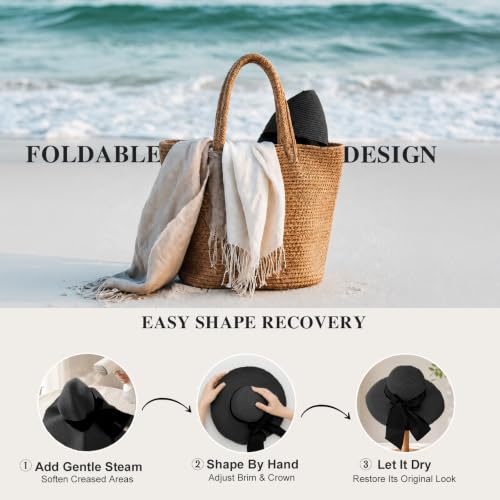 Image of Surblue Women's Beach Straw Hat, Wide Brim Sun Hat with Black Bow