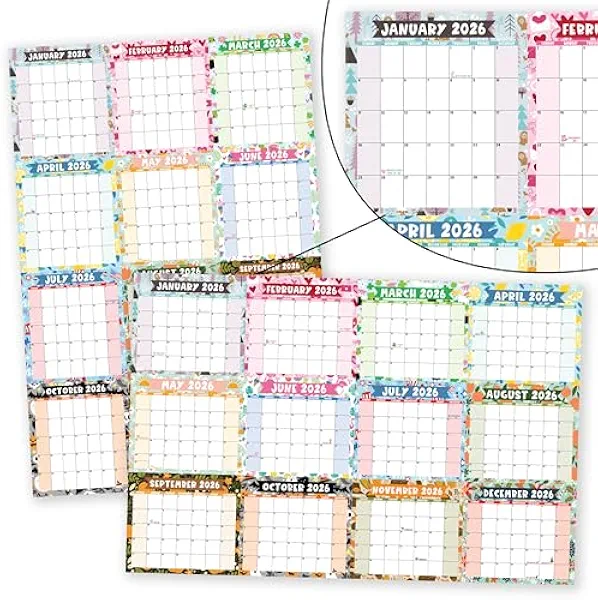 Hadley Designs Yearly Wall Calendar 2026 Large - 12 Month Dry Erase Calendar for Wall, Double-Sided, Reversible, Erasable, Reusable, Full Year Long Annual Planner - Doodle Colorful