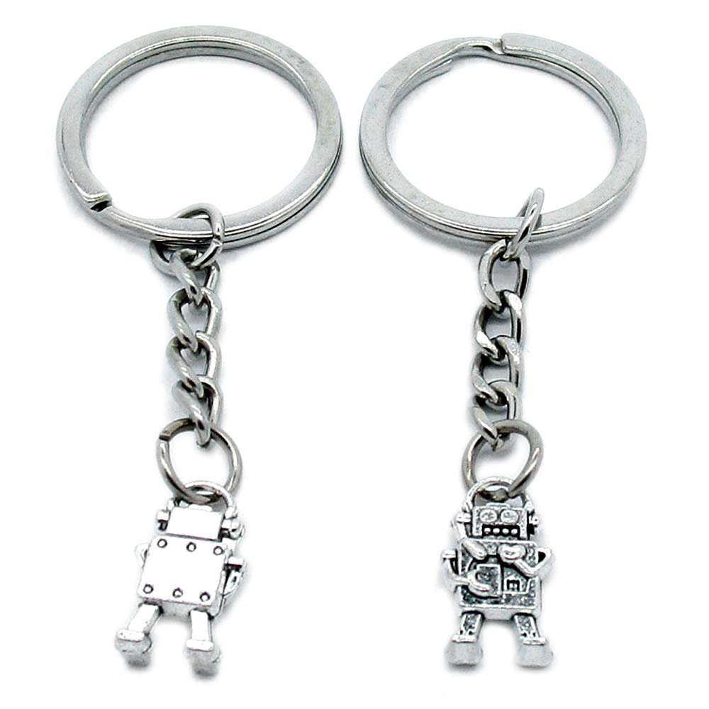 100 Pieces Antique Silver Tone Keychain Keyring Keytag AA4614 Robot Key Chain Ring Tag Jewelry Making Charms