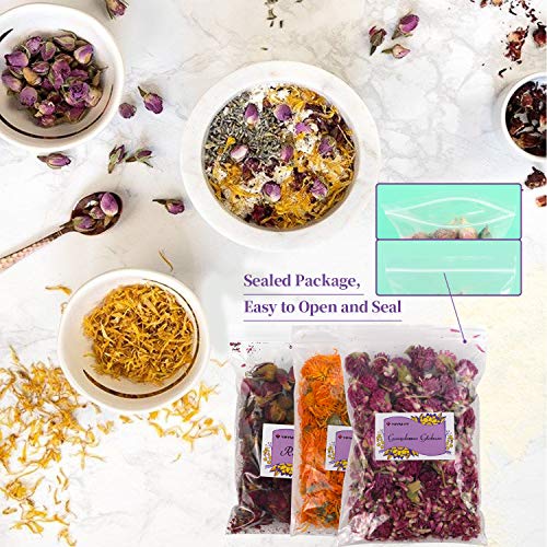 Dried Flowers - 245 g Natural Dried Flower Herbs Kit for Bath, Soap Making, Candle Making Includ 16 Flower Type - Pink Rose, Lily, Rose Petal, Lavender, Jasmine Flower Ect.(16 Bags / 0.5 oz Each)