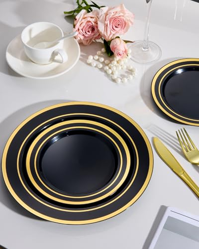 Image of Goodluck 200 PCS Black Plastic Plates with Gold Rim, Heavy Duty Disposable Black Plates with 100 10.25 inch Dinner Plates and 100 7.5 inch Dessert Plates for Party, Holiday, Wedding