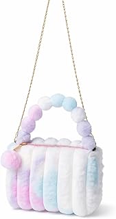 ForeverCarry Cute Plush Fur Sling Bag with Chain Strap, Soft Multicolour Faux Fur, Single Zipper Pocket, Pom-Pom Handle Mi...