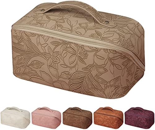 GOLDORANGE Floral Makeup Bag Large Capacity Travel Cosmetic Bag Multifunctional Storage with Compartment Waterproof PU Leather 2023 New Flower Makeup Bag, Khaki