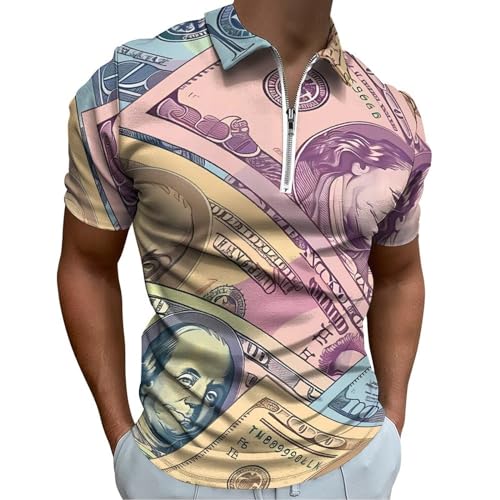 American Money Colorful Bill Dollars Men's Zipper Polo Shirts Short Sleeve Casual Slim Fit Golf Shirt M