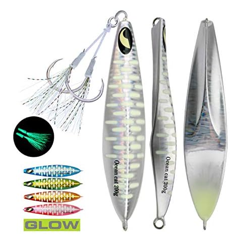 OCEAN CAT Slow Pitch Lead Metal Flat Fall Fishing Jig Lure Bait Spoons with Assisted Hook (Silver, 200g) Cover