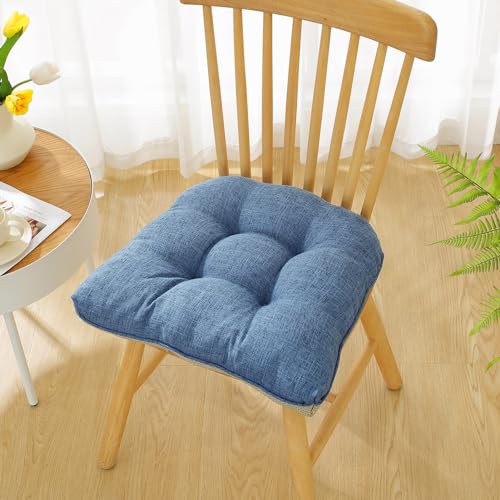 Wadser 18x17 Inches Chair Pad, Blue Cotton Linen Chair Cushion with Ties Non-Slip Bottom, U-Shape Seat Cushion Washable Kitchen Chair Pad
