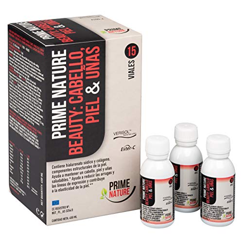 PRIMENATURE Beauty Cabello Piel y Uñas. Vitaminas y nutrientes esenciales. Suplemento belleza mujer y hombre en un vial líquido diario. Colágeno Ácido hialurónico Coenzima q10 Retinol Vitamina c etc.