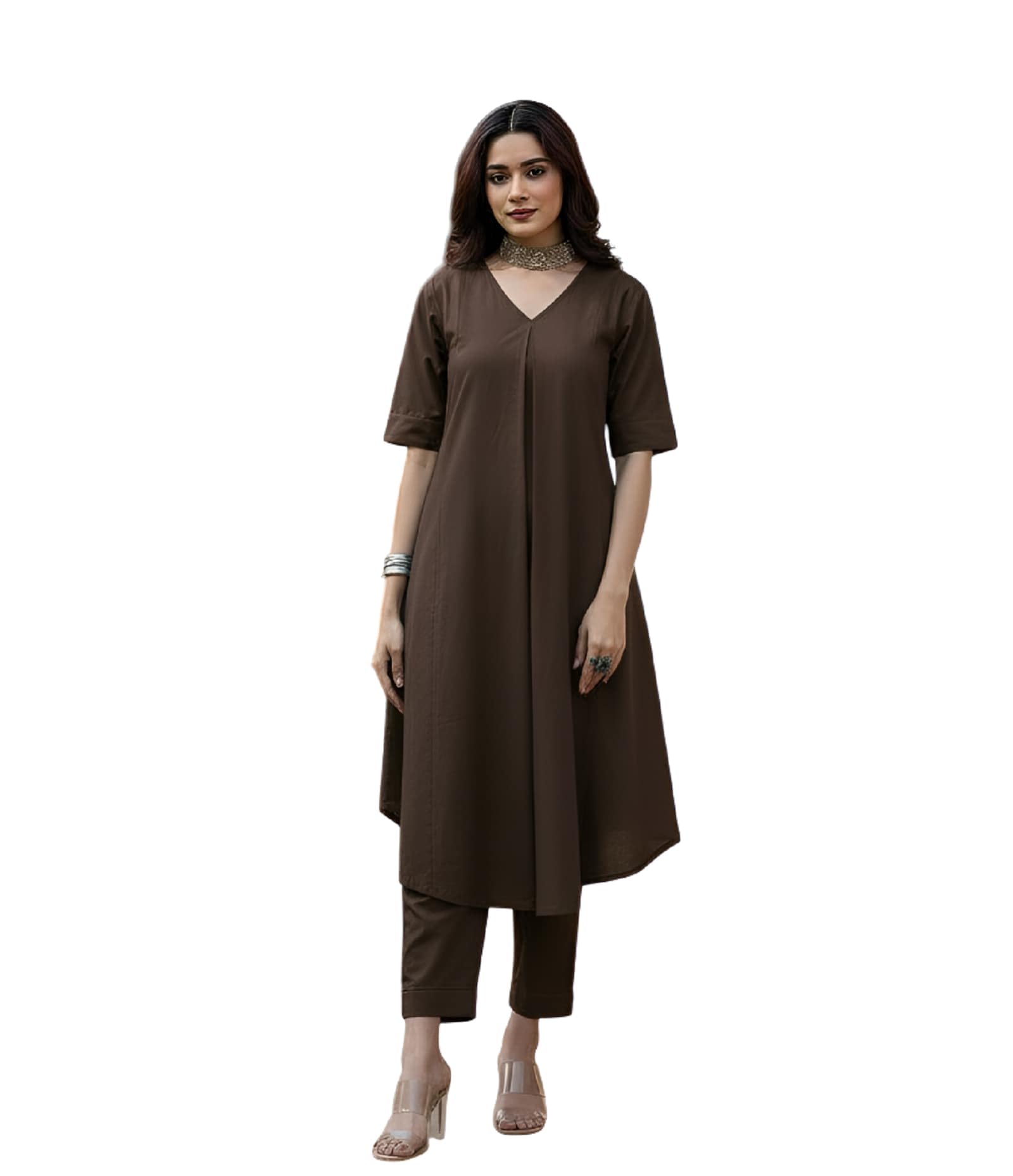 Tokyo Talkies Kurta Set for Women | Long Kurti with Pants | Indo Western Ethnic wear Long Kurta Kurti Set for Women (K-111-A-B-C) in neutral