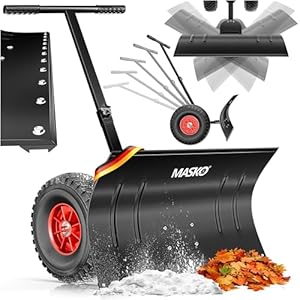 Masko Schneeschaufel auf Rädern höhenverstellbar - 5-Fach Schneeräumen, rückenschonender Schneeschieber, Schneeschild 75 cm Arbeitsbreite-Höhe 42, platzsparend zusammenklappbar, Schwarz