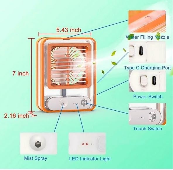 Image of Rechargeable Mini Cooler Fan, USB Type-C, 1500mAh Battery, 3 Speed,Portable Mist Spray,Colour Light Modes for Office,Home,Bedroom - 2026