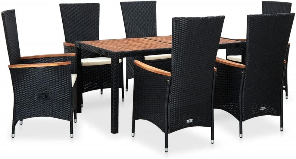 7 Piece Patio Dining Set,Patio Decor,Outdoor Table Chairs,Conversation Furniture,Afternoon Tea Suit,Dining Chairs, for Yard, Patio, Garden, Poolside, Balcony, Poly Rattan Acacia Wood Black