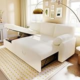 VanAcc Sofa Bed, Sleeper Sofa- 2 in 1 Pull Out Couch Bed with Storage Chaise for Living Room, White Sherpa 84in x 59in x 39in