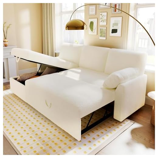 VanAcc Sleeper Sofa, Sofa Bed- 2 in 1 Pull Out Couch Bed with Storage Chaise for Living Room, Sofa Sleeper with Pull Out Bed, White Boucle Couch