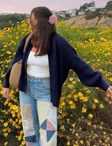 Image of Women's Casual Puff Long Sleeve Crew Neck Cardigan Button Down Open Front Knit Loose Sweater Outwear