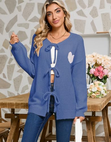 Image of Women's Tie Cardigan Sweaters Long Sleeve Chunky Knit Big Cute Heart Sweater Coats Blue X-Large