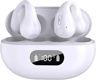 AGSIXZLAN New Wireless Ear Clip Bone Conduction Headphones Waterproof Open Ear Headphones Noise Canceling Headset Sports Ear Clips Earbuds Bluetooth Earbuds with Earhooks Earpiece (White-with Screen)