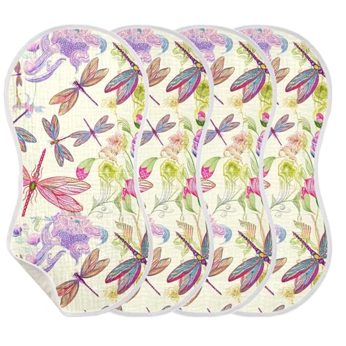 J JOYSAY Dragonfly Peony Floral Ivory Baby Burp Cloths for Boys Girls Large 22''x11'' Cotton 4 Layer Neutral Burp Clothes for Drool Newborn one sizex4