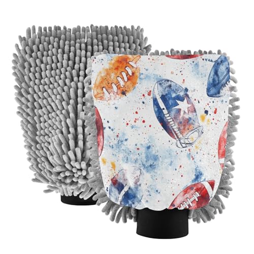 ALAZA Watercolor Football Car Wash Mitt Scratch Free, 2 Pack Absorbent Microfiber/Chenille Washing & Drying Mitts, M