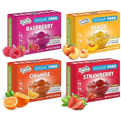 Simply Delish Plant Based Natural Variety Bundle Jel Dessert – 4 Pack (1) of Raspberry, Peach, Strawberry, and Orange – Zero Sugar, 0g Net Carbs, Gluten Free, Vegan, Diabetic & Allergen Free Cover