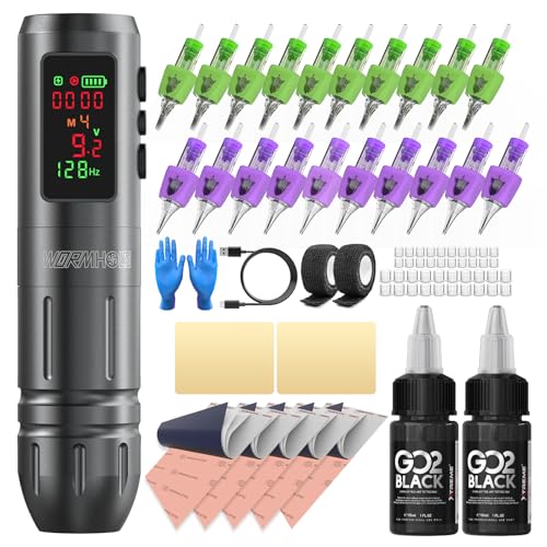 Wormhole Tattoo Gun Kit 1,600mAh Battery 2 Bottles 1/2 OZ Xtreme Tattoo Ink and 20 Tattoo Needles Wireless Tattoo Machine Kit Smart Tattoo Pen for Precise Lining & Shading Smart Display