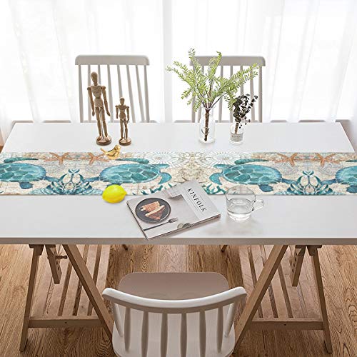 Oarencol Sea Turtle Starfish Table Runner 13X70 Inch Double Sided, Vintage Animal Tortoise Map Seaweed Polyester Rectangle Table Cloth For Wedding Kitchen Party Dining Home Decor #TOP5