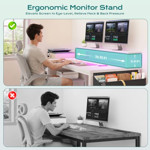 Image of EnHomee 56.5 inch Office Desk with Drawers & Printer Space for Home Work,White | Computer Desk with 3 AC Outlets& 2 USB Ports,Waterproof LED Strip Lights,Monitor Stand & Side Pockets,Home Office,Bedroom