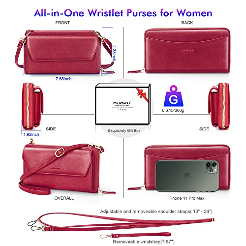 Image of nuoku RFID Blocking Wristlet Wallet for Women, Zip-Around Crossbody Clutch with 2 Removable Straps