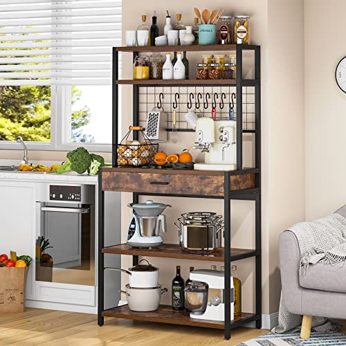 Tribesigns Kitchen Bakers Rack with Drawer, 5-Tier Kitchen Utility Storage Shelf with Hutch and 8 S-Hooks, Microwave Oven Stand Rack Floor Standing Spice Rack Organizer Workstation