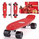 22' Skateboards for Kids Ages 5-12, Complete Beginner Skateboard Mini Cruiser with Wide Deck, Red Board for Boys, Girls, Gift for Christmas, New Year