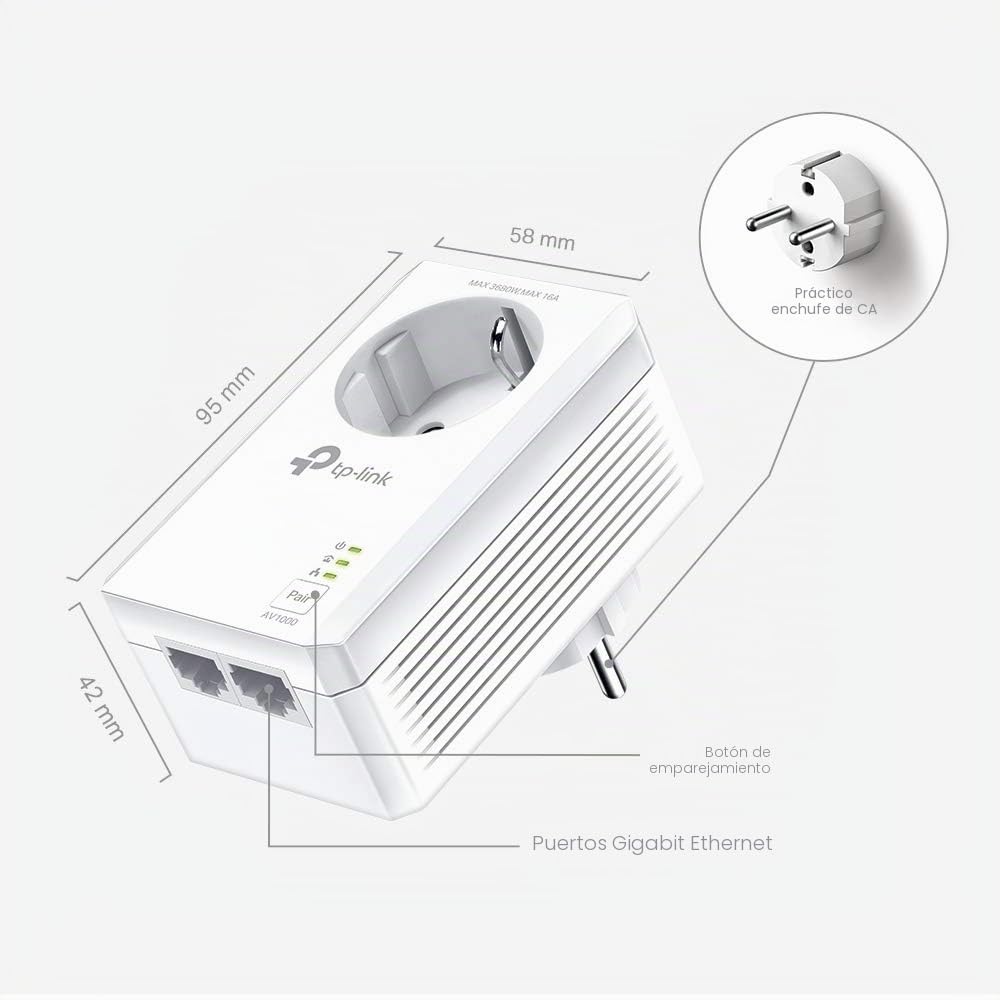 TP-Link TL-PA7027P Kit - Powerline AV1000 con Enchufe Integrado, 2 Puertos Gigabit, Home Plug AV, sin WiFi