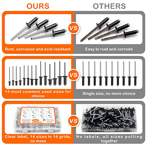 520Pcs Black Rivets Pop Rivets Assortment Kit, Ljinge 14 Sizes Aluminum Blind Rivets, Assorted Blind Rivets With Reinfored Divider & Labeled Case For Storage #TOP2