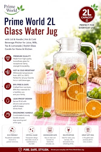 Image of PrimeWorld 2L Ribbed Glass Water Jug with Transparent Lid & Handle | Hot & Cold Beverage Pitcher for Juice, Milk, Tea & Lemonade | Stylish Glass Carafe for Home & Kitchen