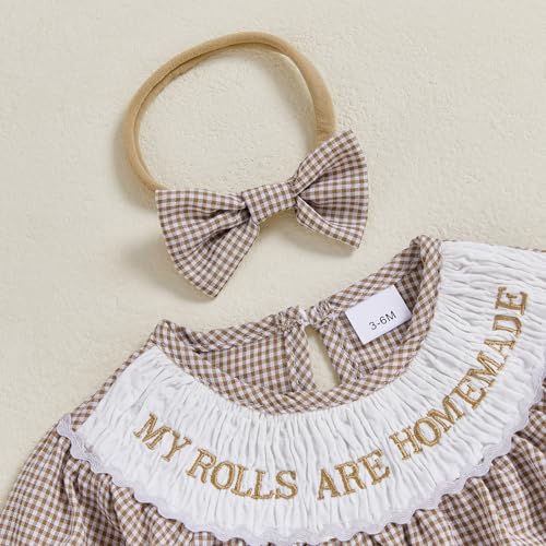 Infant Baby Girls Thanksgiving Romper Letter Plaid Bread Candy Long Sleeves Bubble Jumpsuit Headband2