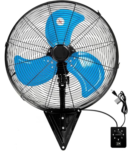 Image of AZOUTDOOR 20 inch Wall Mount Fan, 7000 CFM High Velocity Industrial Wall Fan with 3-Speed Setting, 120 Oscillating Mounted Fans for Warehouse, Workshop, Garage, Patios, Commercial Use ETL Listed, Blue