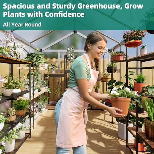 Garvee 6x8 FT Greenhouse - Aluminum Greenhouses for Outdoors, Large Polycarbonate Greenhouse with Roof Vent, Heavy Duty Walk-in Green Houses for Outside Garden, Backyard, Patio, Lawn, Easy Assembly