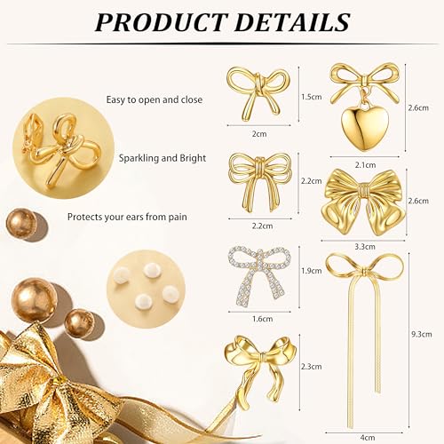 THUNARAZ Bow Clip on Earrings for Women Girls 14K Gold Plated Statement Earrings Clips Non Piercing Ribbon Long Dangle Drop Tassel Clip-on Earrings Sparkly Jewelry Gift Set3