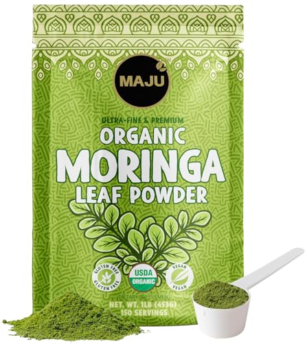 MAJUs Organic Moringa Powder (1 Pound) Oleifera Leaf Extra-Fine Quality Dried Drumstick Tree Leaves For Tea Smoothies Food-Grade