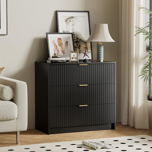 Image of Furniway Fluted Nightstands Set of 2, 31.5 inch Large Bedside Tables with 3 Drawers, Modern Wood Night Stands with Storage for Bedroom, Black