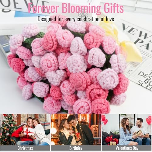 FNHMSL Crochet Bouquet Flower Throw Blanket, Handmade Knitted Bouquet Blanket with Orange Flower, Romantic Gifts for Girlfriend Mom Mother's Day/Birthday/Wedding (Gradient Pink Roses, 51X51 inch) - 3