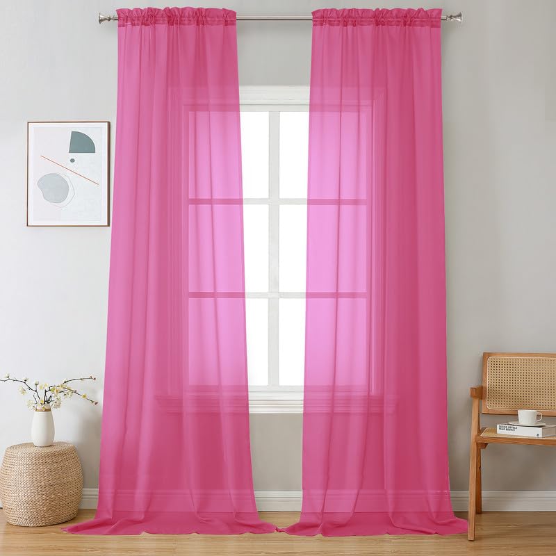 Image of OVZME Hot Pink Sheer Curtains 108 Inches Long 2 Panels - Soft Light Filtering Window Sheer Panels for Living Room /Bedroom, Top Dual Rod Pocket, 1 Pair, Each 42Wx108L Inches